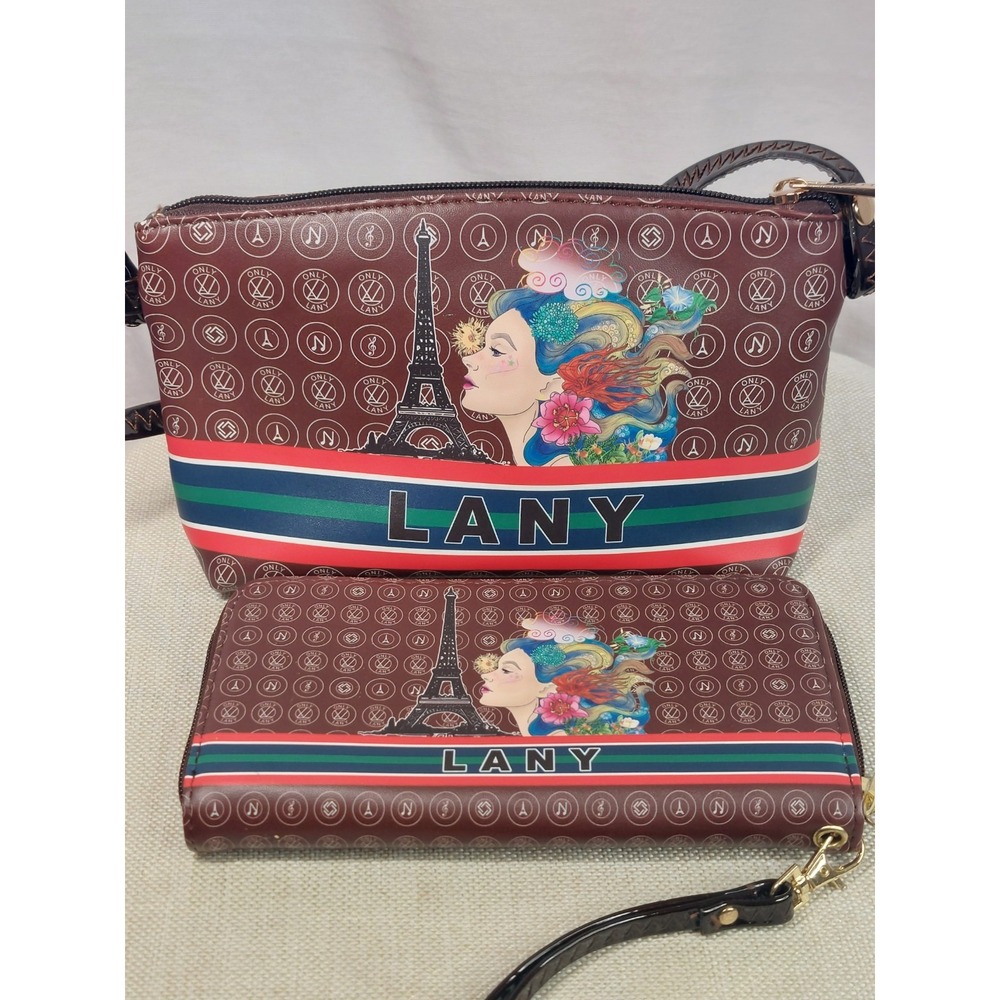 LANY Eiffel Tower Whimsical Parisan Graphic Crossbody Purse Wallet Brown Artsy